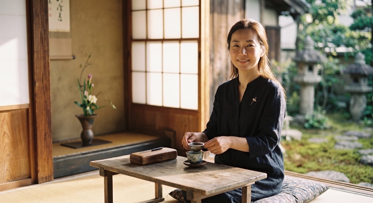 和室で来客にお茶を出す、はり師の女性