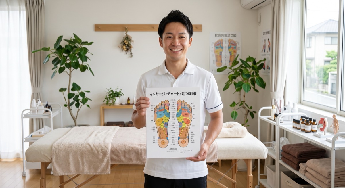 施術室で足つぼの図を持つ、整体師の男性